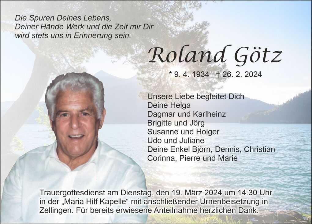 Bild eines Trauerschreibens mit Portr&auml;t von Roland G&ouml;tz, Geburts- und Sterbedaten, sowie Informationen zur Trauergottesdienst-Zeit.