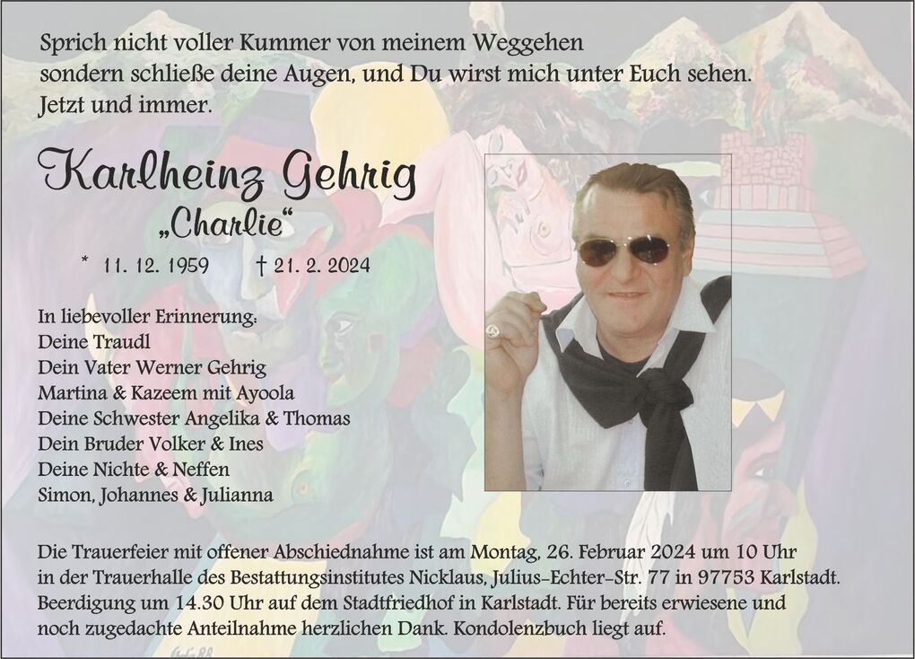 Traueranzeige f&uuml;r Karlheinz Gehrig mit einem Bild von ihm, umgeben von einer bunten, abstrakten Hintergrundgestaltung.
