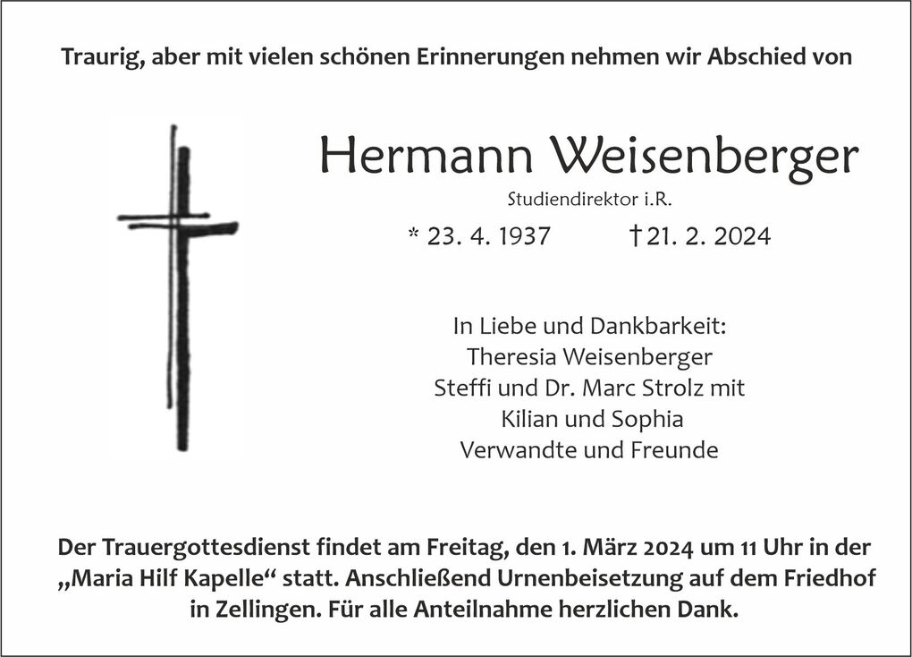 Todesanzeige f&uuml;r Hermann Weisenberger mit Geburts- und Sterbedatum sowie Trauergottesdienstinformationen.