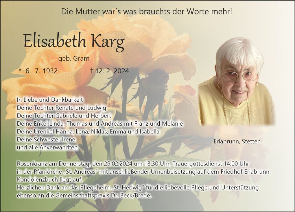 Sterbebild von Elisabeth Karg, umgeben von Rosen. Informationen zu Trauerfeier und Angeh&ouml;rigen sind in der Mitte abgedruckt.