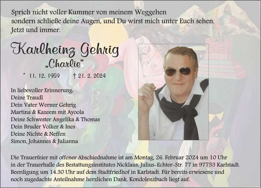 Traueranzeige f&uuml;r Karlheinz Gehrig mit einem Bild von ihm, umgeben von einer bunten, abstrakten Hintergrundgestaltung.