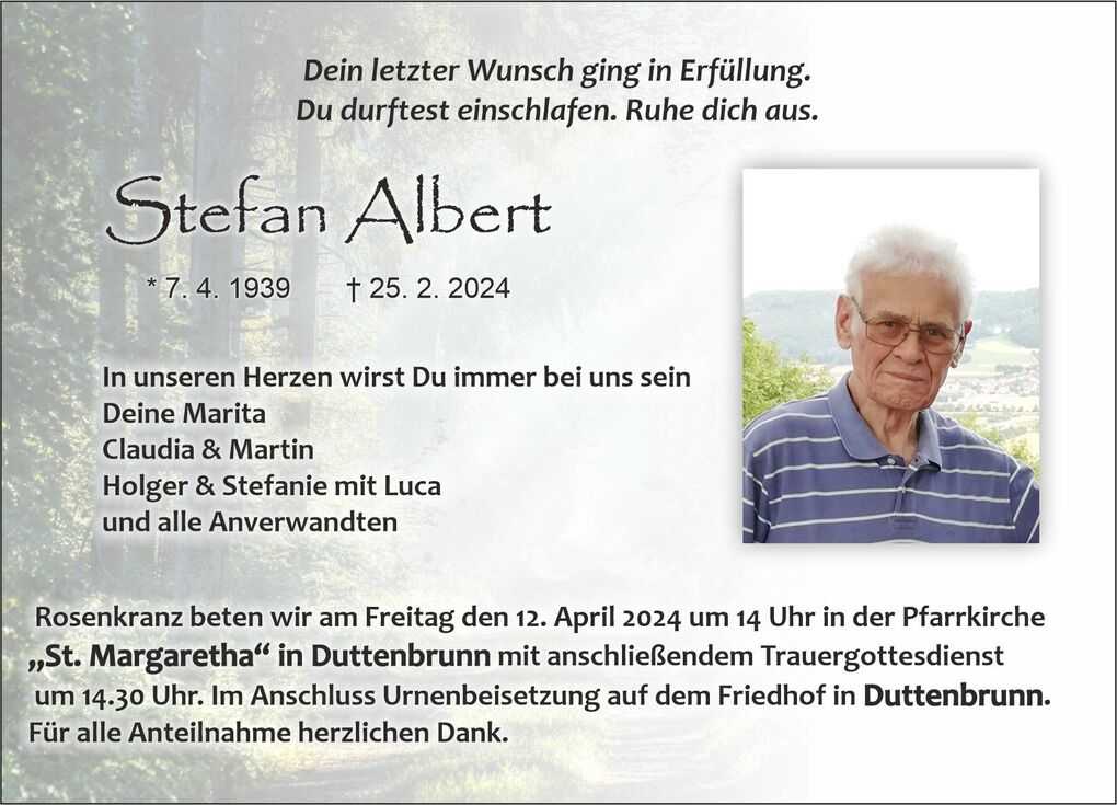 Traueranzeige f&uuml;r Stefan Albert mit Geburts- und Sterbedatum sowie Information zum Rosenkranz und der Urnenbeisetzung.