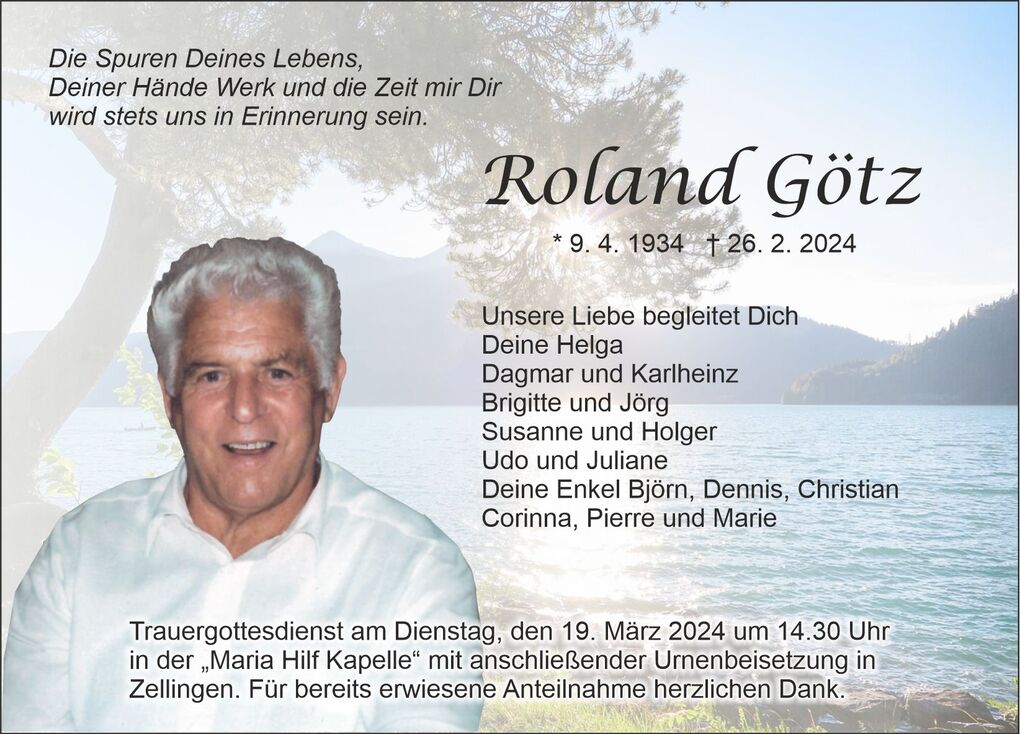 Bild eines Trauerschreibens mit Portr&auml;t von Roland G&ouml;tz, Geburts- und Sterbedaten, sowie Informationen zur Trauergottesdienst-Zeit.