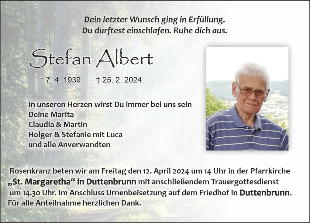 Traueranzeige f&uuml;r Stefan Albert mit Geburts- und Sterbedatum sowie Information zum Rosenkranz und der Urnenbeisetzung.