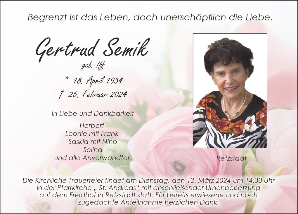 Trauerkarte mit Foto von Gertrud Semik, Geburtsdatum 18. April 1934, Sterbedatum 25. Februar 2024, umgeben von Blumen.