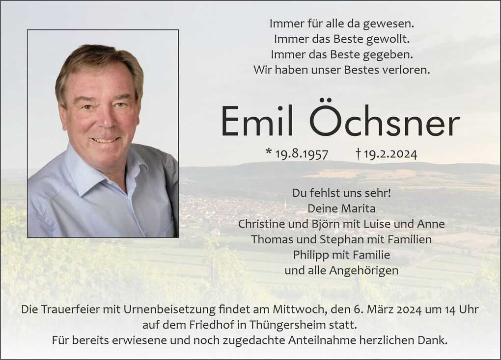Traueranzeige f&uuml;r Emil &Ouml;chsner mit pers&ouml;nlichem Foto und Details zur Urnenbeisetzung am 6. M&auml;rz 2024 in Th&uuml;ngersheim.