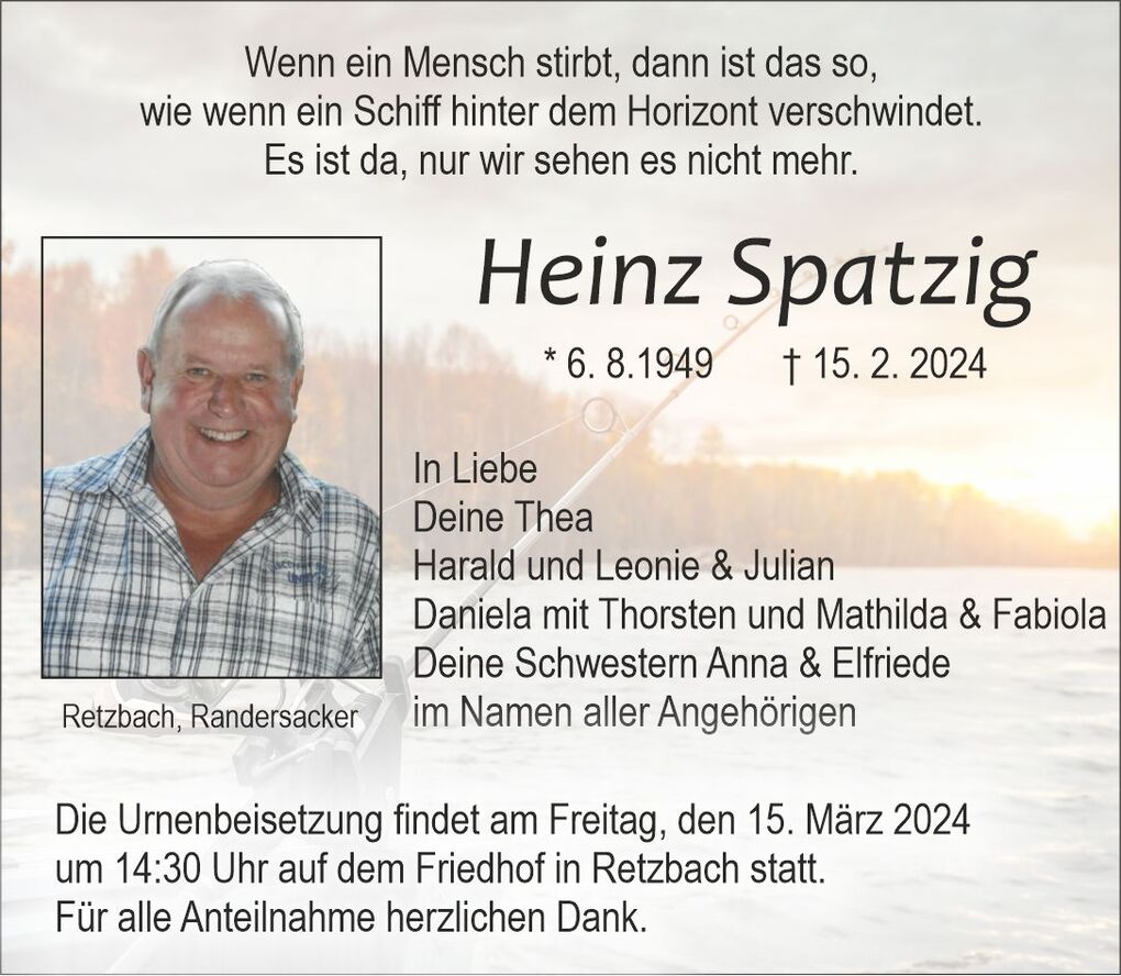 Traueranzeige f&uuml;r Heinz Spatzig mit seinem Foto, Geburts- und Sterbedatum sowie Informationen zur Urnenbeisetzung.
