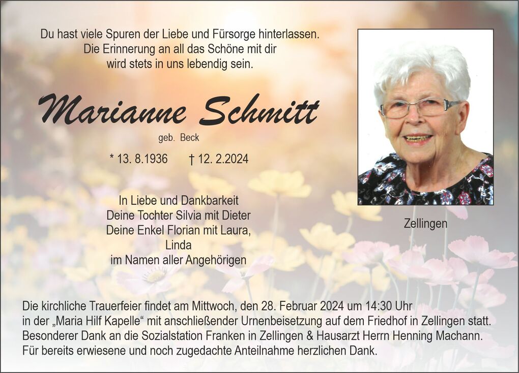 Traueranzeige f&uuml;r Marianne Schmitt mit Foto, Namen, Geburts- und Sterbedatum sowie Informationen zur Trauerfeier in Zellingen.
