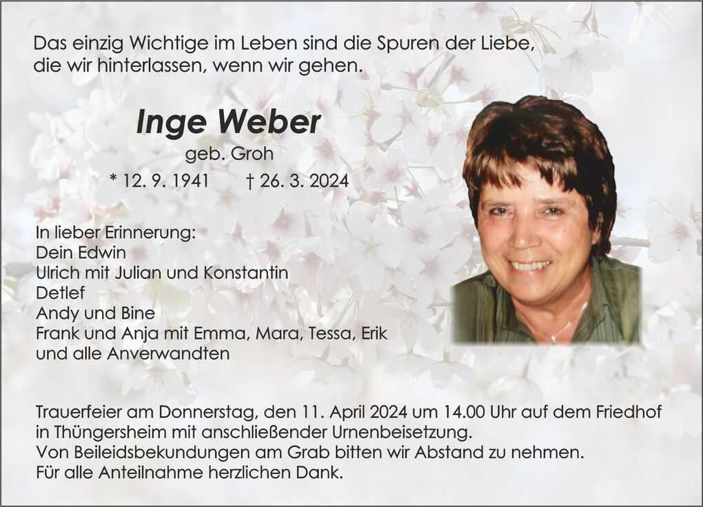 Traueranzeige f&uuml;r Inge Weber mit Geburts- und Sterbedatum sowie Erinnerungen von Angeh&ouml;rigen auf bl&uuml;hendem Hintergrund.