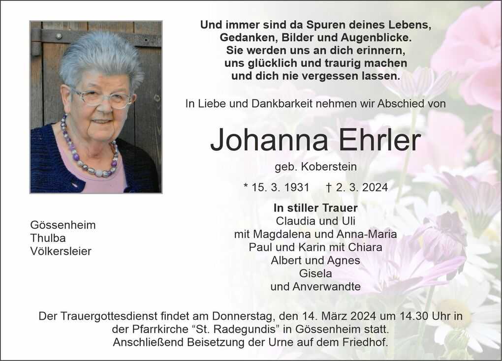 Traueranzeige f&uuml;r Johanna Ehrler mit Foto und Informationen zu ihrem Leben und der Trauerfeier.