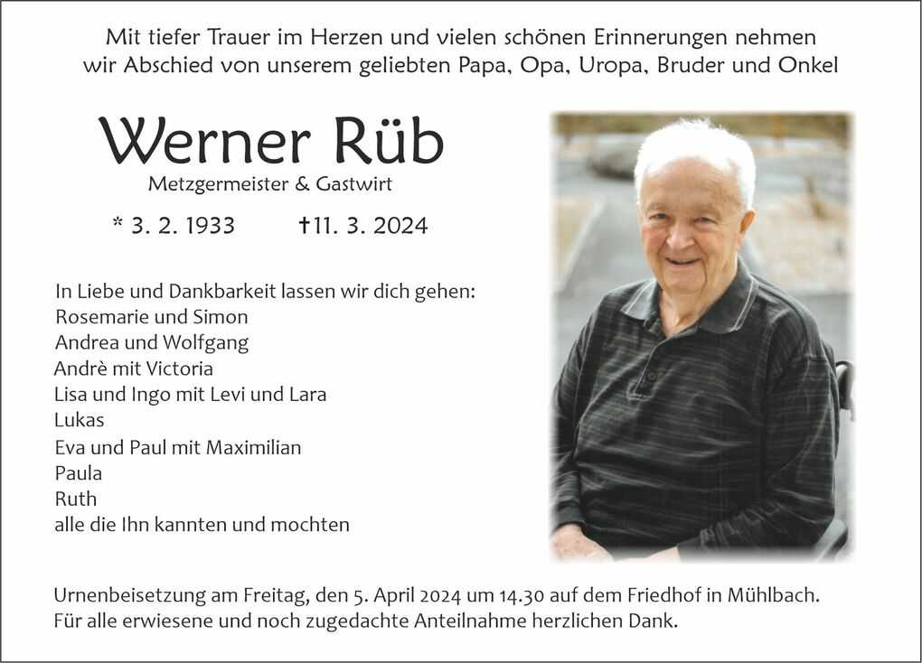 Traueranzeige f&uuml;r Werner R&uuml;b mit Bild und pers&ouml;nlichen Abschiedsworten von Familie und Freunden.