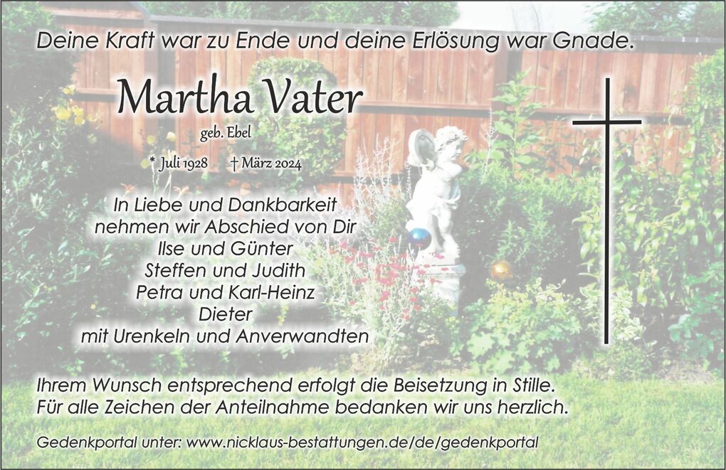 Trauerkarte f&uuml;r Martha Vater mit Dankbarkeit, Datum und Beisetzungsinformationen, umgeben von einem Garten.