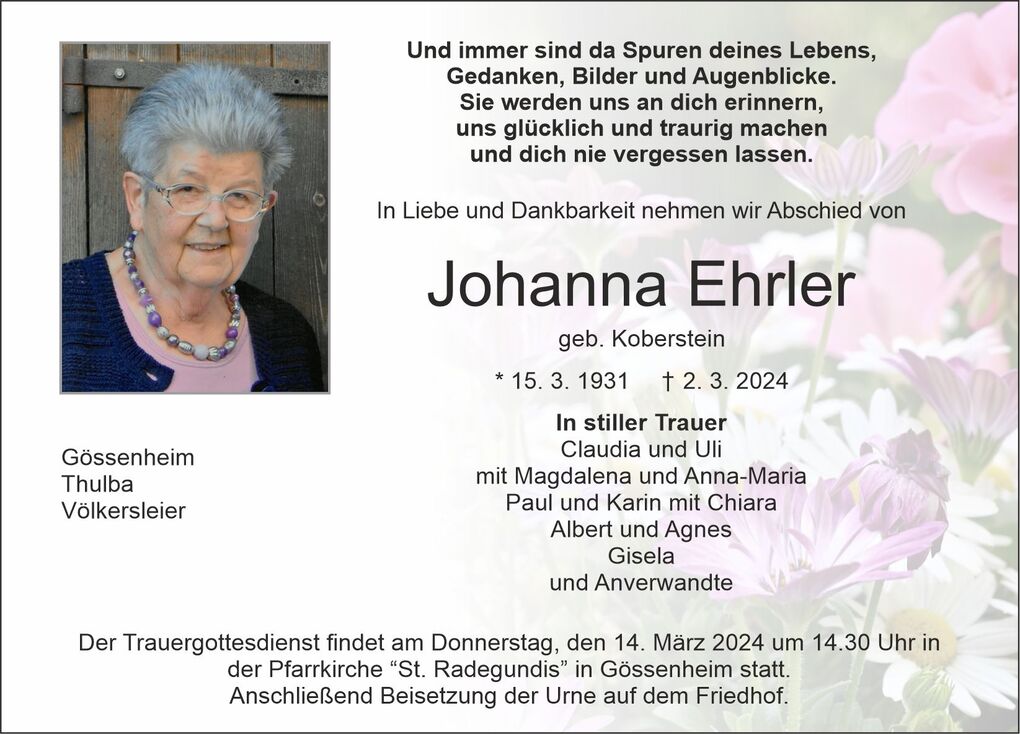 Traueranzeige f&uuml;r Johanna Ehrler mit Foto und Informationen zu ihrem Leben und der Trauerfeier.