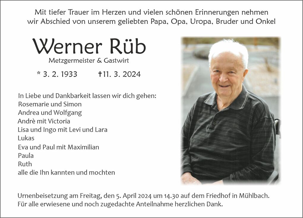 Traueranzeige f&uuml;r Werner R&uuml;b mit Bild und pers&ouml;nlichen Abschiedsworten von Familie und Freunden.