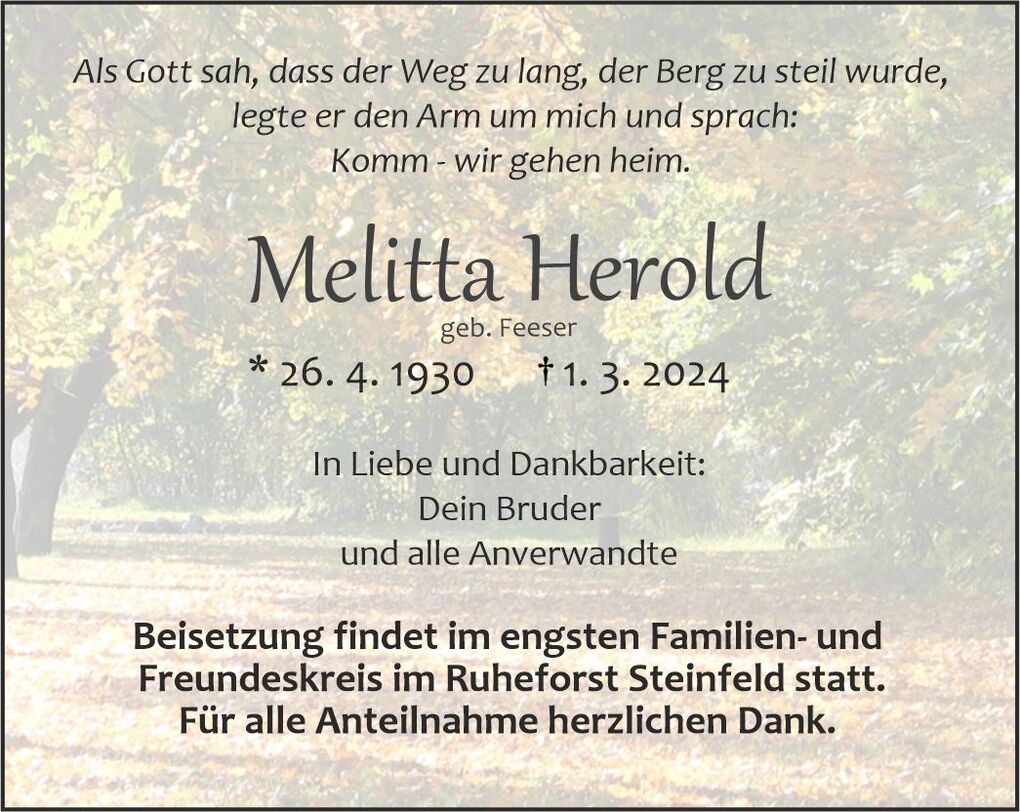 Traueranzeige f&uuml;r Melitta Herold, geb. Feeser, mit Lebensdaten und Beisetzungsinformationen vor herbstlicher Landschaft.