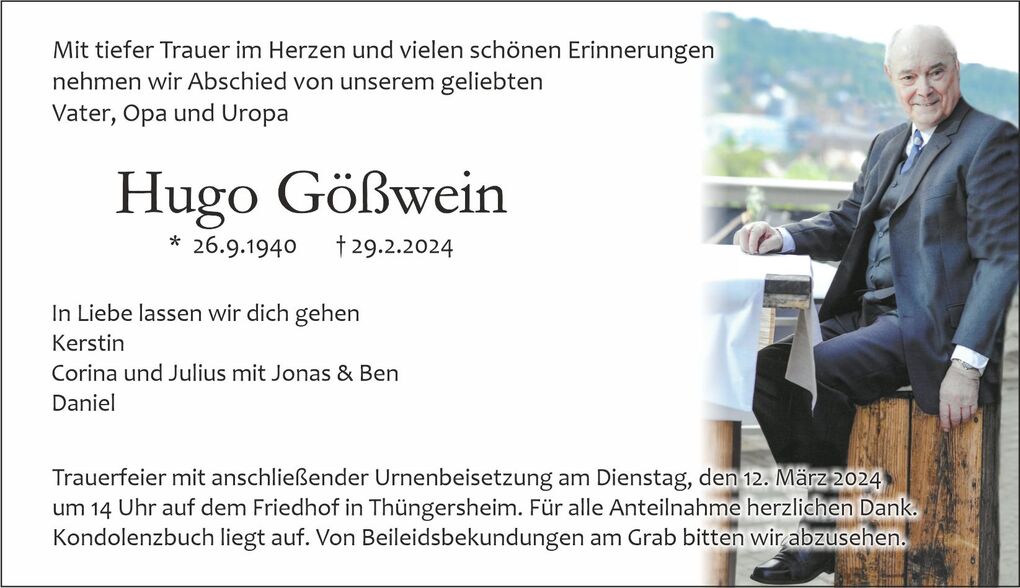 Traueranzeige f&uuml;r Hugo G&ouml;&szlig;wein, mit Daten zu seinem Leben und der Urnenbeisetzung. Textmittelpunkt im eleganten Layout.