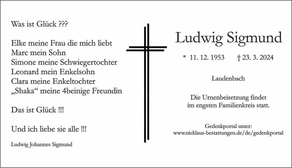 Traueranzeige f&uuml;r Ludwig Sigmund mit Namen, Geburts- und Sterbedatum sowie Danksagungen an Familie und Freunde.