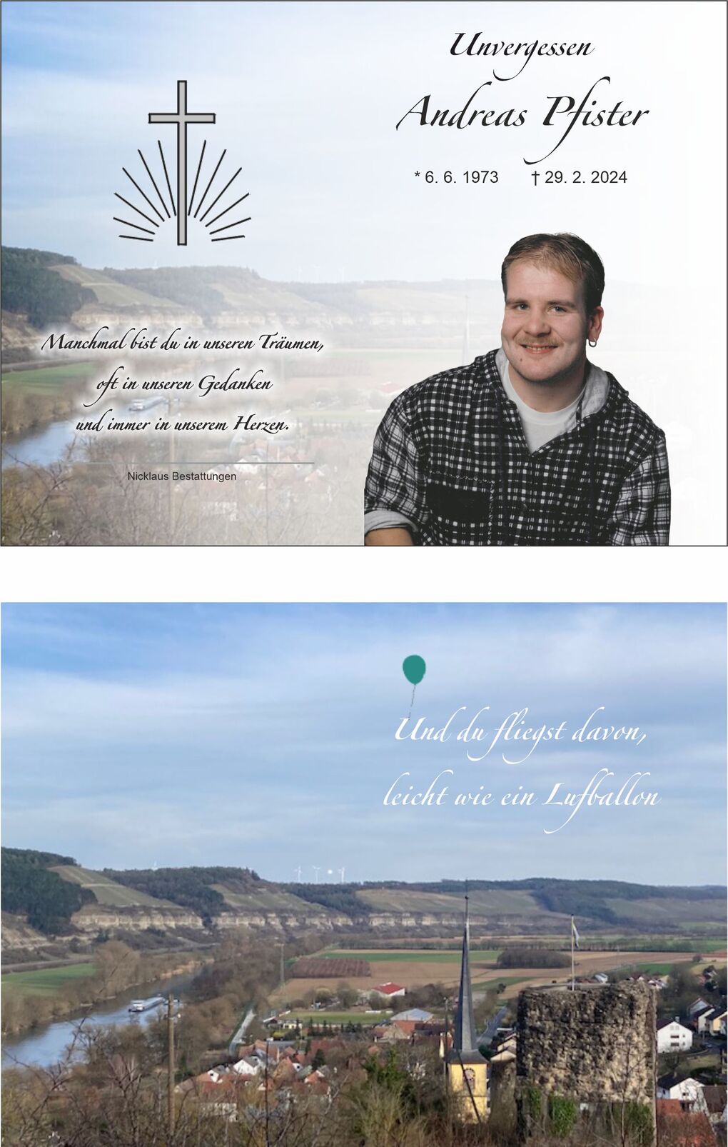 Erinnerung an Andreas Pfister mit Geburts- und Sterbedatum sowie einer Landschaft mit Kirche und Ballon im Hintergrund.