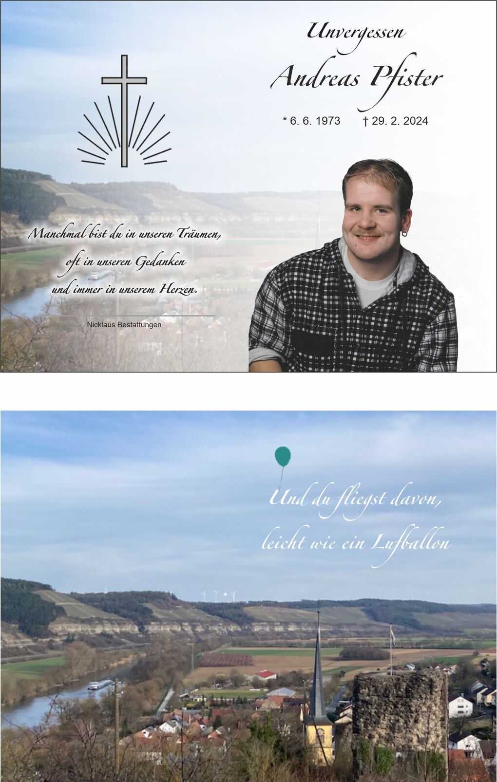 Erinnerung an Andreas Pfister mit Geburts- und Sterbedatum sowie einer Landschaft mit Kirche und Ballon im Hintergrund.