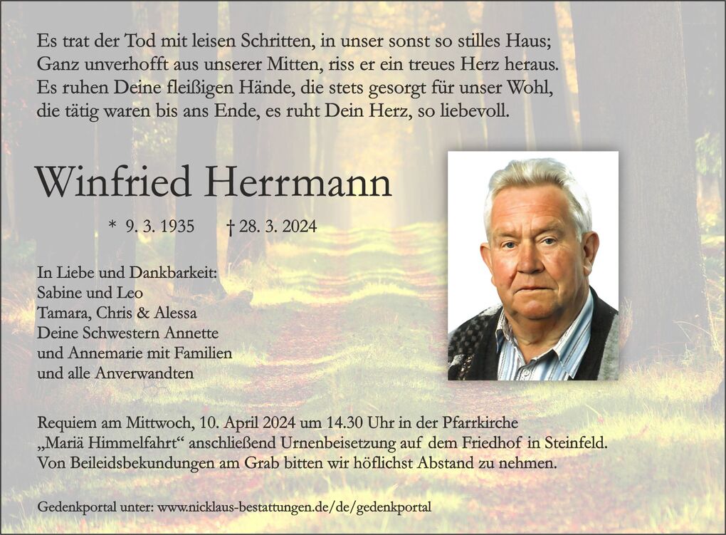 Traueranzeige f&uuml;r Winfried Herrmann mit Bild und Informationen &uuml;ber den Todesfall sowie Beisetzungsdetails.