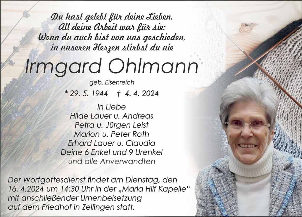 Traueranzeige f&uuml;r Irmgard Ohlmann mit Foto, Datum und Informationen zu Trauerfeier und Angeh&ouml;rigen.
