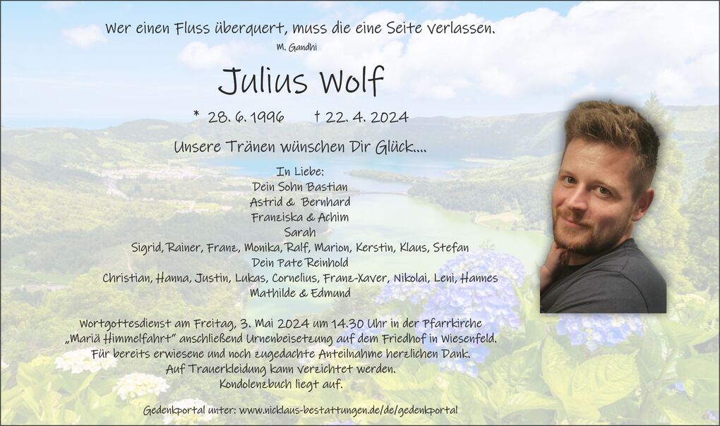 Trauerkarte f&uuml;r Julius Wolf mit Foto und Informationen zu seinem Gedenkgottesdienst und Trauermenschen.
