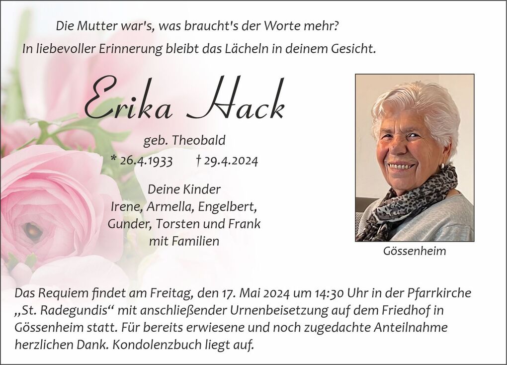Traueranzeige mit Foto von Erika Hack, umgeben von Rosa-Bl&uuml;ten, einschlie&szlig;lich Geburts- und Sterbedatum sowie Informationen zur Beisetzung.