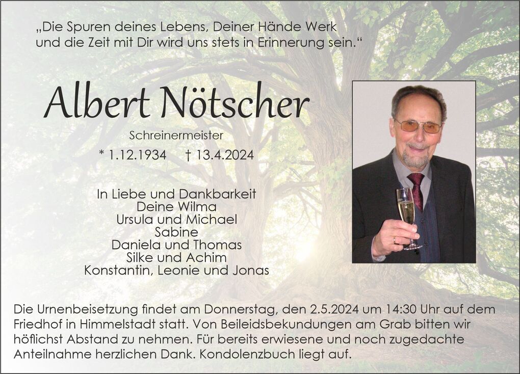 Gedenkbild f&uuml;r Albert N&ouml;tscher, Schreinermeister, mit Lebensdaten und Trauerbotschaft vor einer Baumlandschaft.