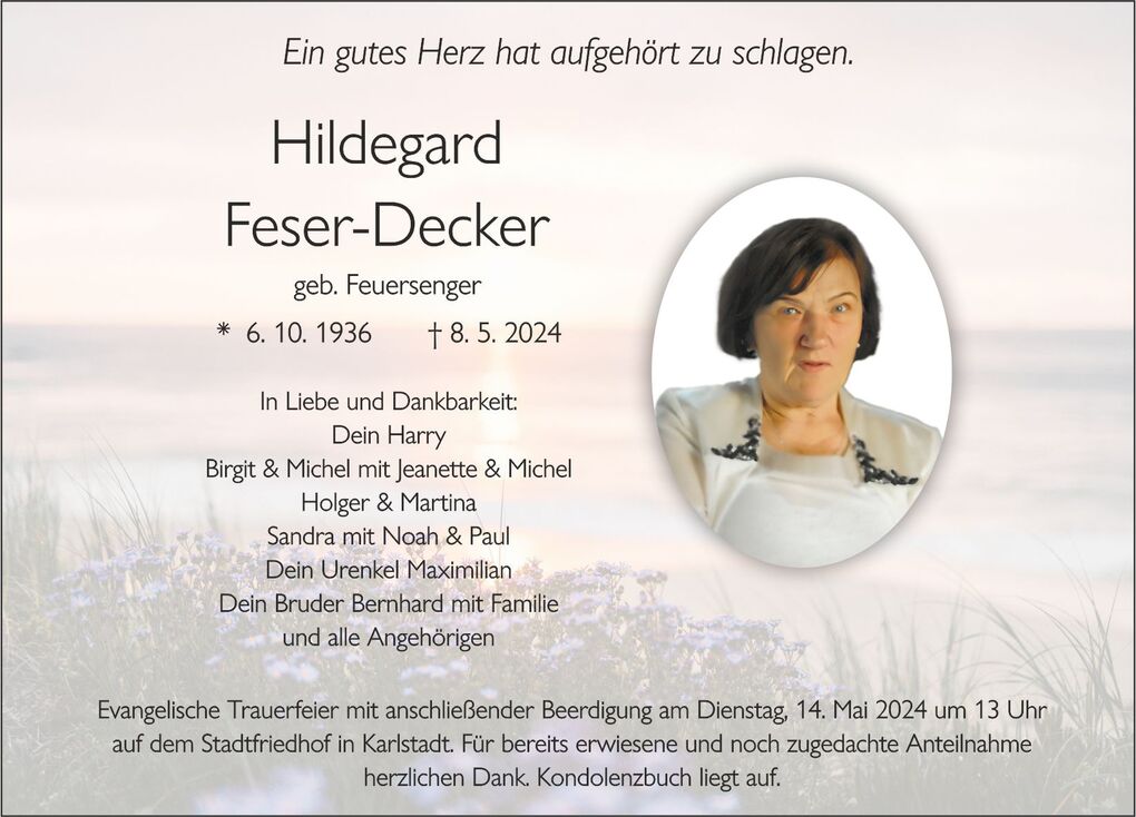 Sterbebild f&uuml;r Hildegard Feser-Decker, mit Foto und Angaben zu ihrer Trauerfeier und Hinterbliebenen.