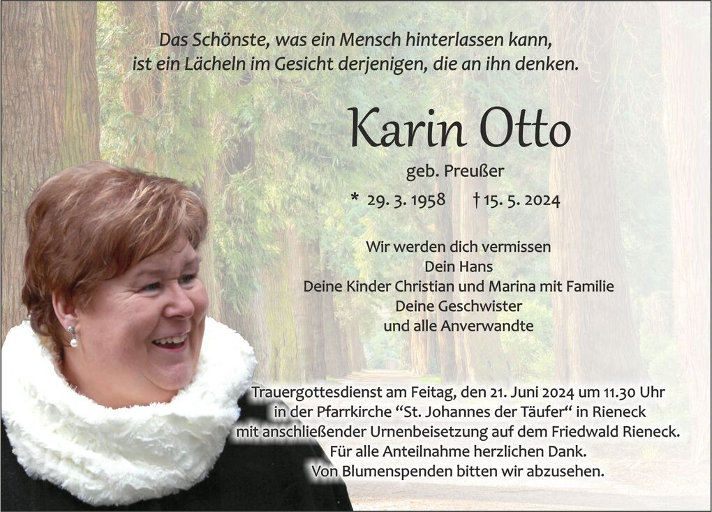 Trauerkarte mit einem l&auml;chelnden Portr&auml;t von Karin Otto, umrahmt von einem Waldhintergrund und Trauermitteilungen.