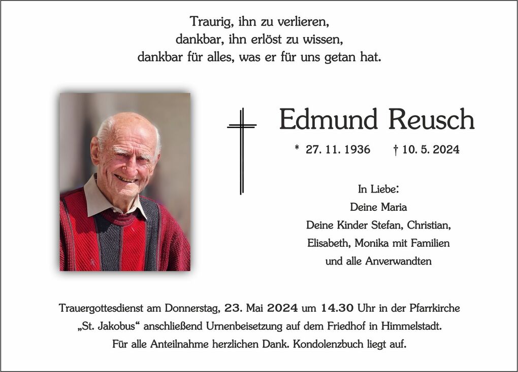 Traueranzeige mit Portrait eines l&auml;chelnden &auml;lteren Mannes, umgeben von Text und einem Kreuz.