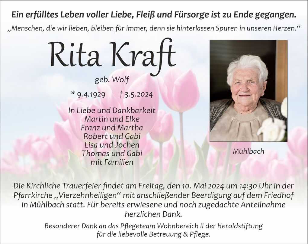 Traueranzeige f&uuml;r Rita Kraft mit Foto, Blumen im Hintergrund und Details zur Beerdigung in M&uuml;hlbach.