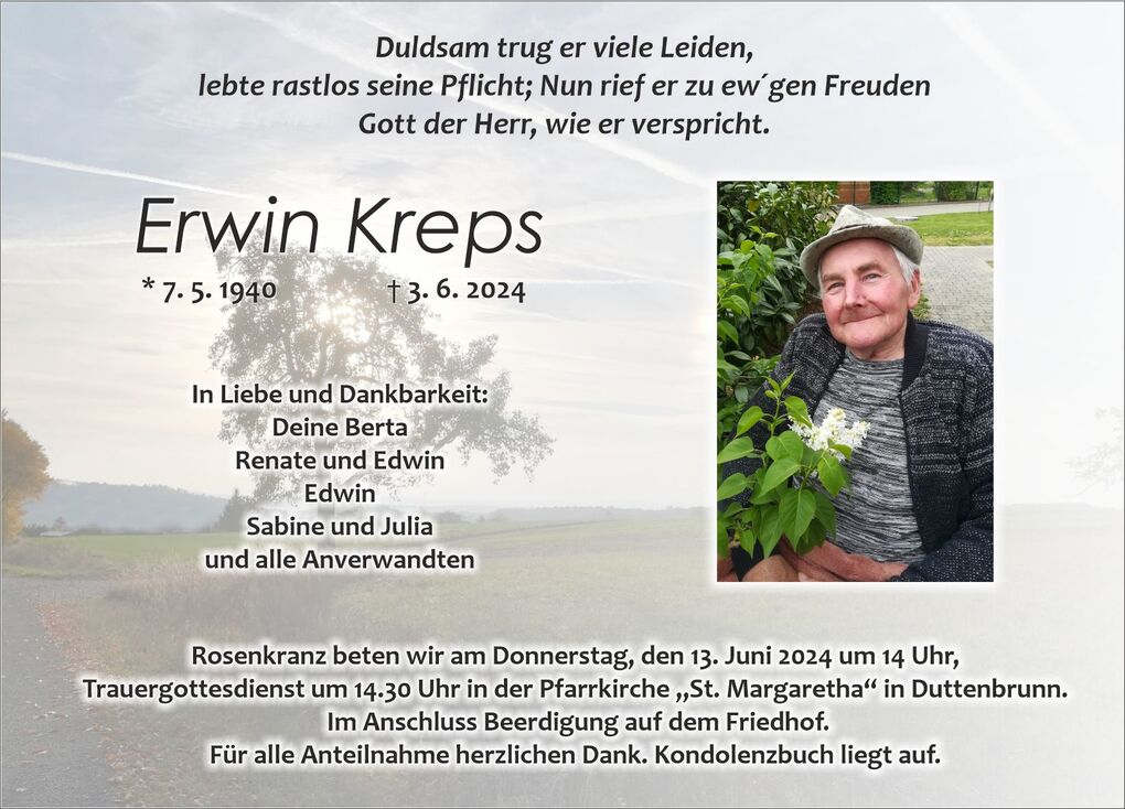 Bild von Erwin Kreps mit Blumen, umrahmt von einem klaren Himmel und einer Landschaft. Informationen zur Trauerfeier.