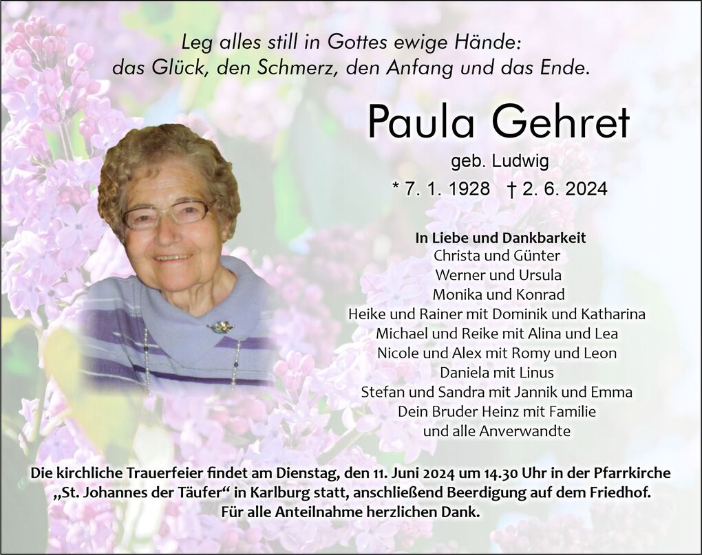 Traueranzeige f&uuml;r Paula Gehret mit Blumenhintergrund und Angaben zu ihrer Geburt und Sterbetag.