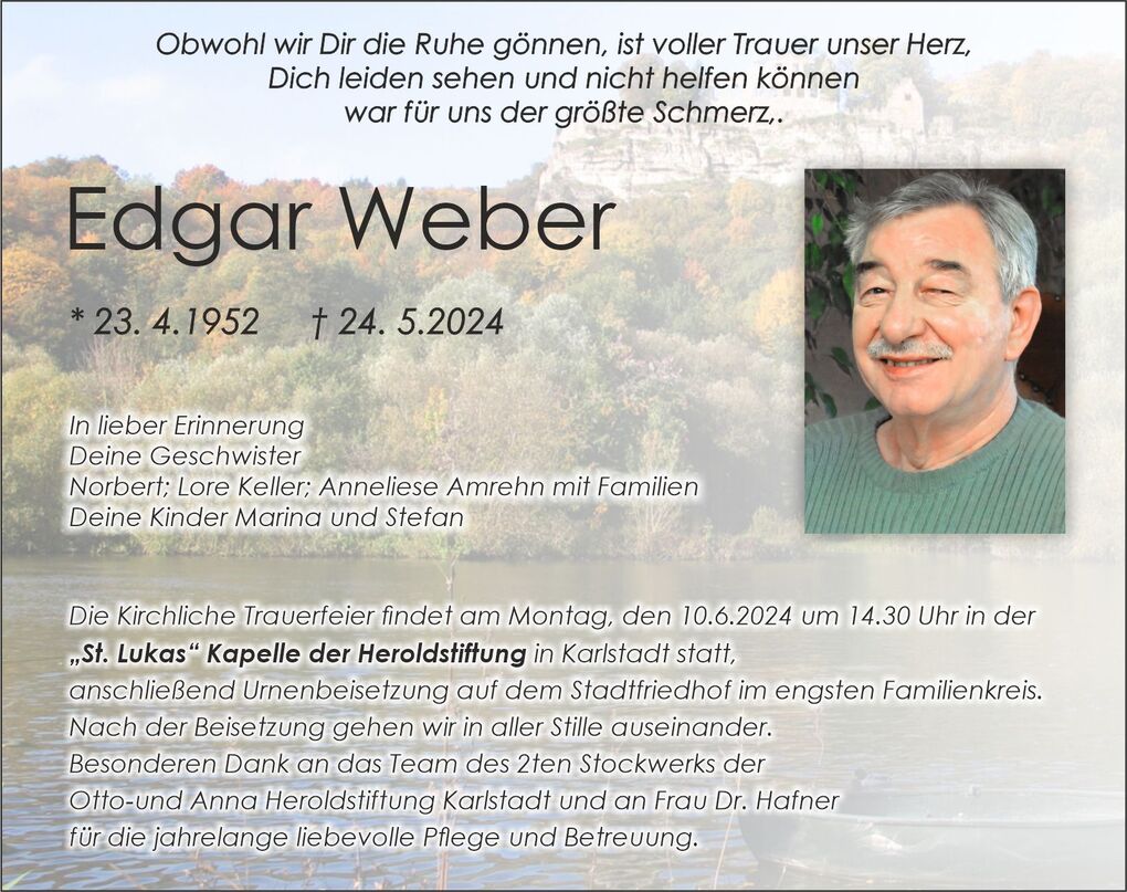 Sterbebild f&uuml;r Edgar Weber mit Foto, Geburts- und Sterbedatum sowie Trauermitteilung und Details zur Trauerfeier.