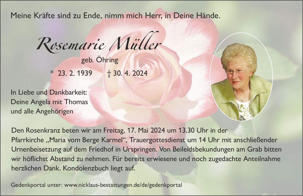 Traueranzeige f&uuml;r Rosemarie M&uuml;ller mit rosafarbenem Hintergrund und ihrem Foto in ovalem Rahmen.