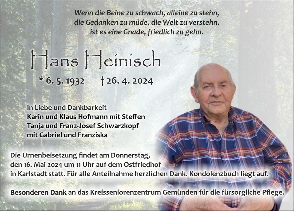 Traueranzeige f&uuml;r Hans Heinisch mit Lebensdaten und Dankesworten, umgeben von einem Waldhintergrund.