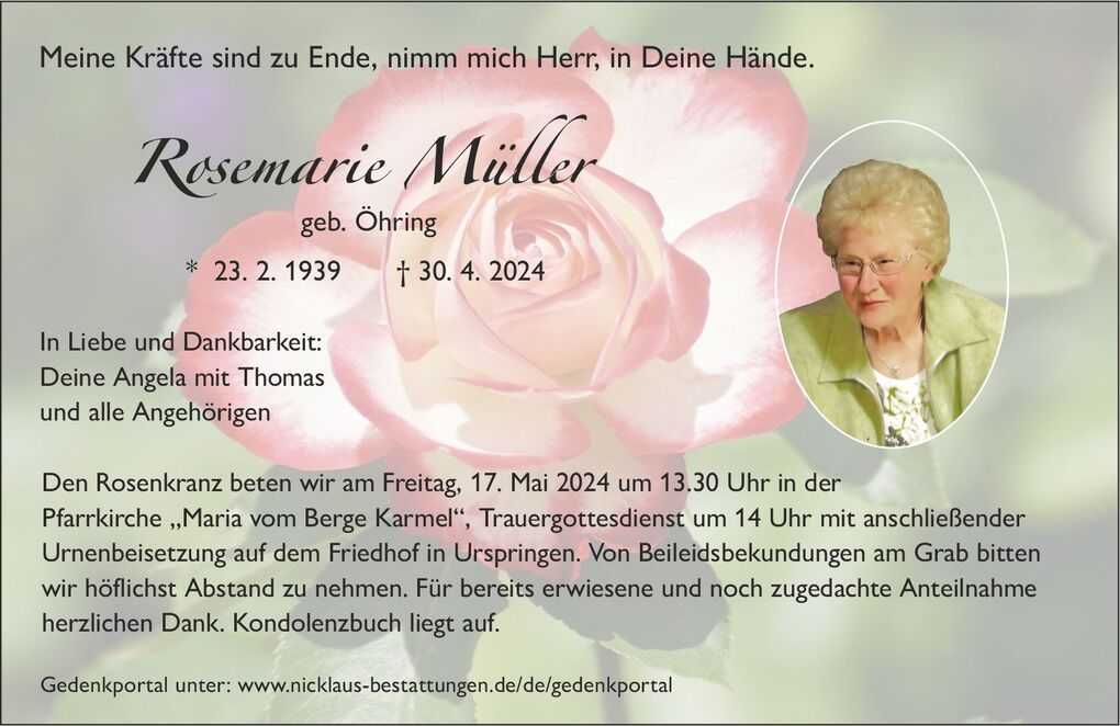 Traueranzeige f&uuml;r Rosemarie M&uuml;ller mit rosafarbenem Hintergrund und ihrem Foto in ovalem Rahmen.