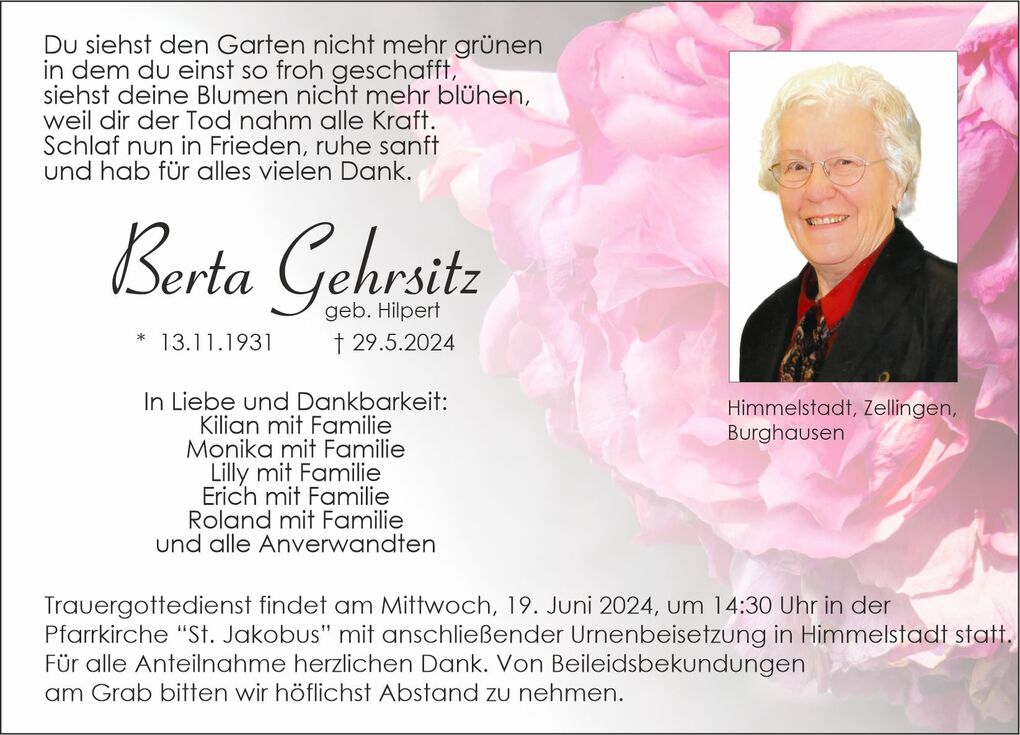 Traueranzeige f&uuml;r Berta Gehrsitz mit einem Bild und Informationen zu ihrem Lebenslauf und der Trauerfeier.
