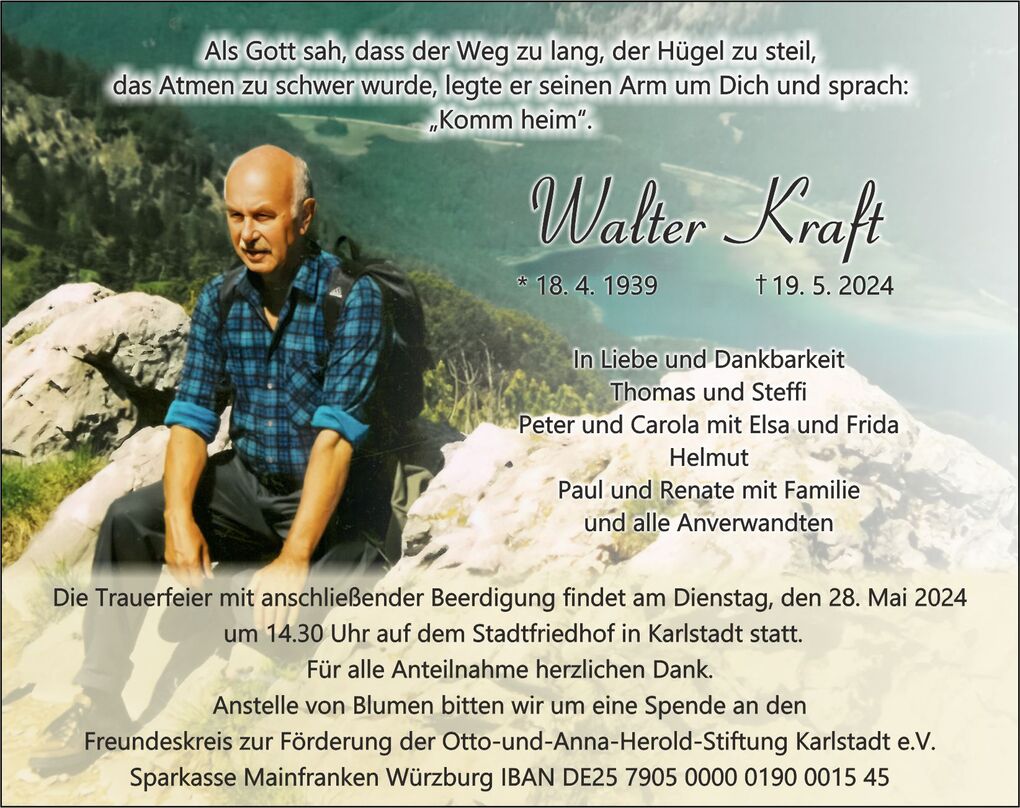 Portr&auml;t von Walter Kraft in der Natur, mit Inschrift zur Trauerfeier und Spendenaufruf. Hintergrund zeigt Berge und Landschaft.