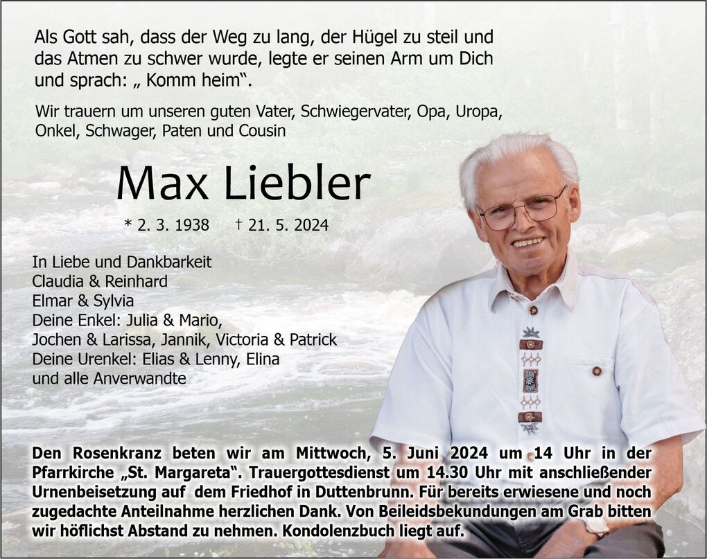 Traueranzeige f&uuml;r Max Liebler mit Portr&auml;tfoto und Details zur Beerdigung, umgeben von einem naturnahen Hintergrund.