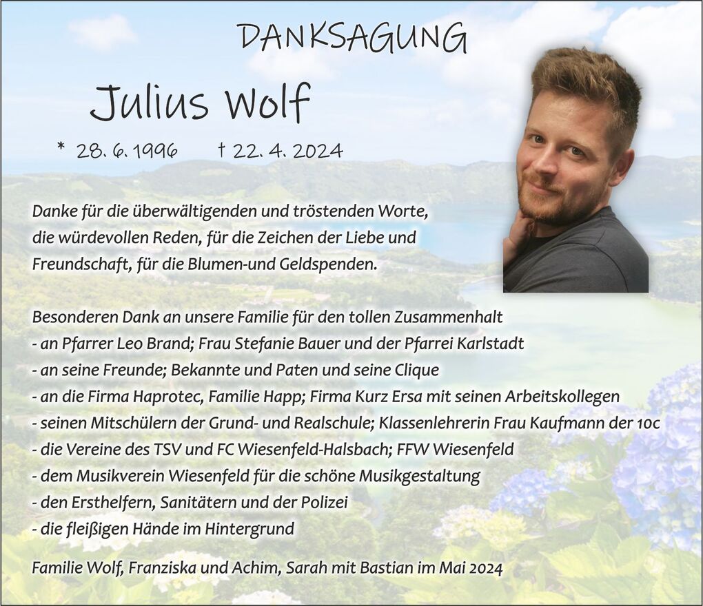 Dankesgrafik f&uuml;r Julius Wolf, mit pers&ouml;nlichen Botschaften und Naturhintergrund, einschlie&szlig;lich einem Foto von ihm.