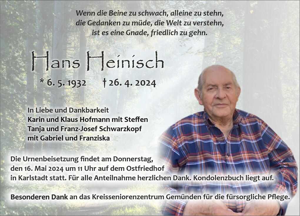 Traueranzeige f&uuml;r Hans Heinisch mit Lebensdaten und Dankesworten, umgeben von einem Waldhintergrund.