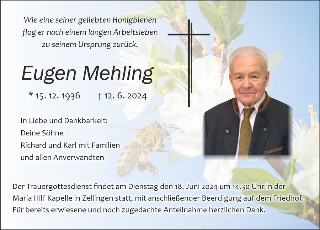 Sterbebild f&uuml;r Eugen Mehling mit pers&ouml;nlicher Botschaft, Daten und Hintergrundmotiv von bl&uuml;henden Zweigen.