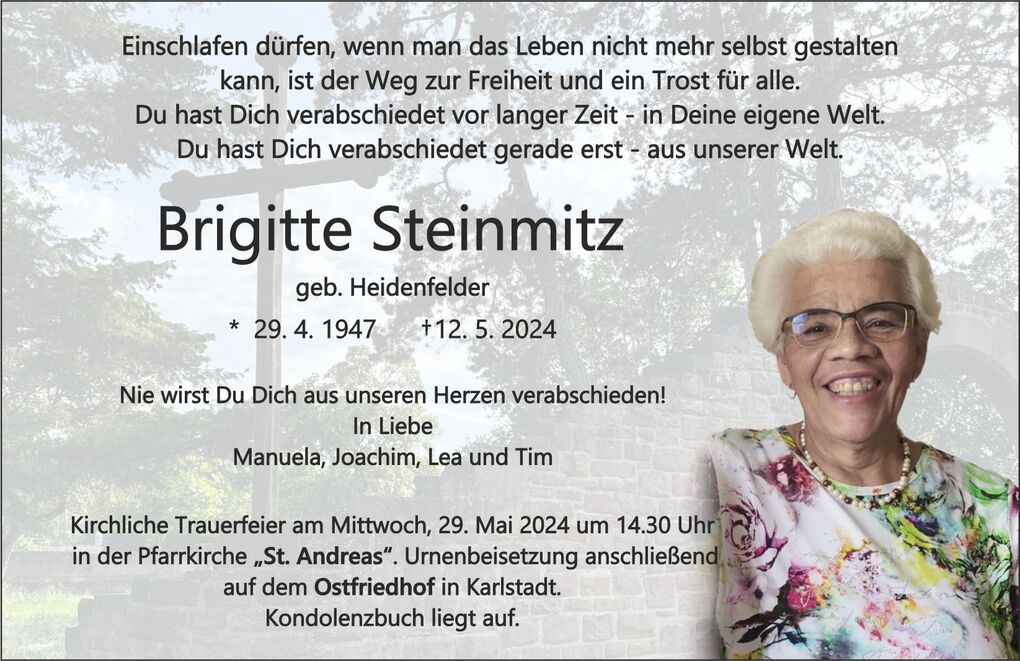 Traueranzeige f&uuml;r Brigitte Steinmitz mit pers&ouml;nlichen Daten und Informationen zur Trauerfeier.