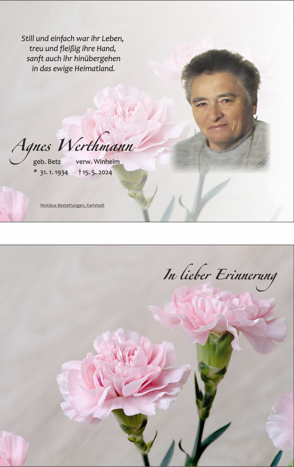 Gedenkbild mit einem Foto einer Frau und rosa Nelken, sowie Inschrift zur Erinnerung an Agnes Werthmann.