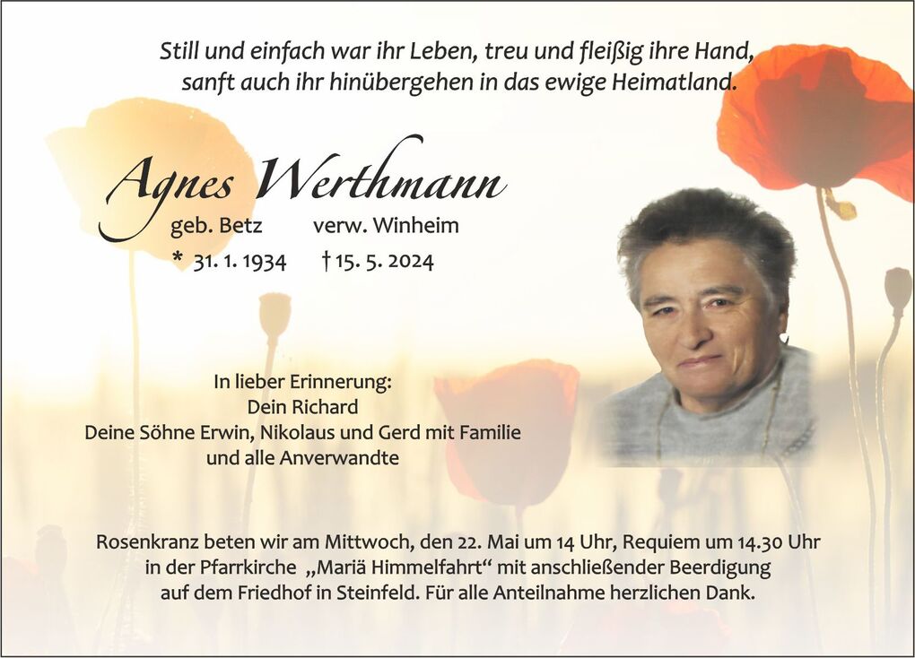 Traueranzeige f&uuml;r Agnes Werthmann mit einem Portr&auml;tfoto und Blumenmotiven, Daten zur Beerdigung und pers&ouml;nlichen Erinnerungen.