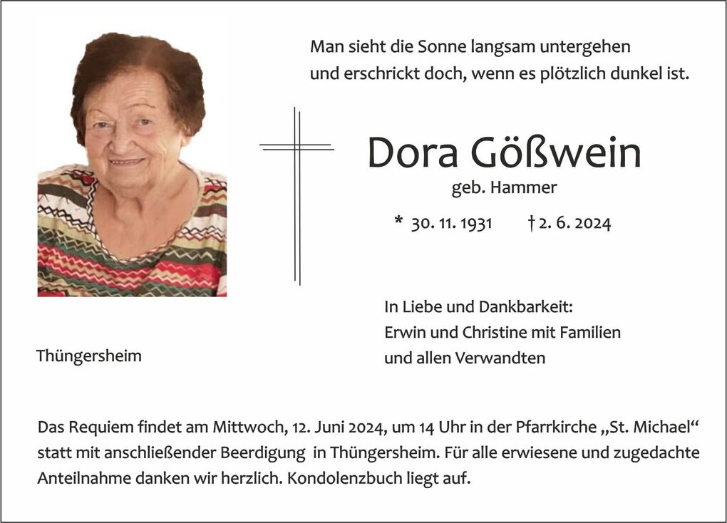 Trauerkarte mit Foto einer &auml;lteren Frau, Name und Geburtsdaten sowie Informationen zu Trauerfeier und Dankesworten.