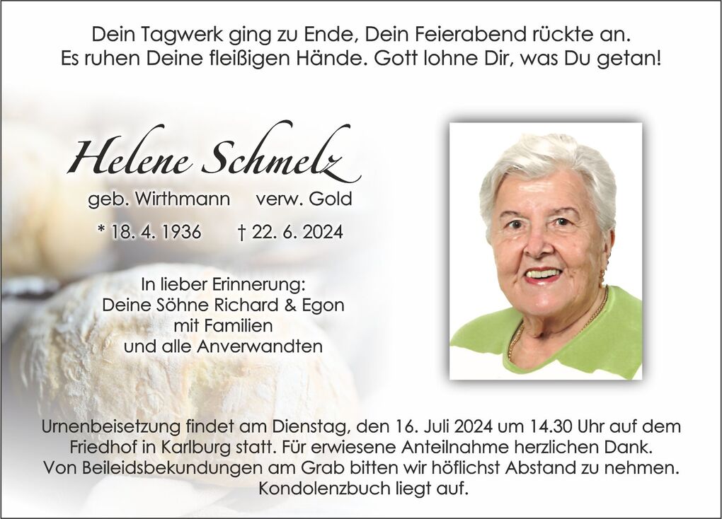 Traueranzeige f&uuml;r Helene Schmelz mit Bild und Erinnerungstext. Daten zur Urnenbeisetzung sind aufgef&uuml;hrt.