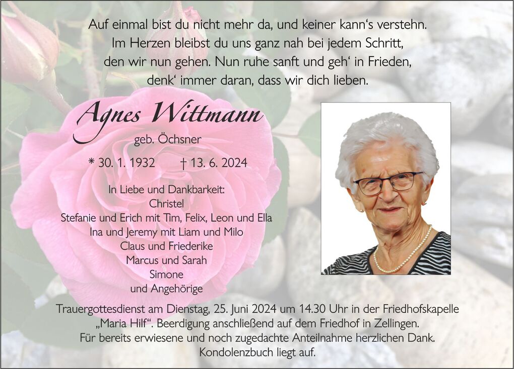 Traueranzeige f&uuml;r Agnes Wittmann, mit bildlicher Darstellung und vielen pers&ouml;nlichen Danksagungen vor einer rosa Bl&uuml;te.